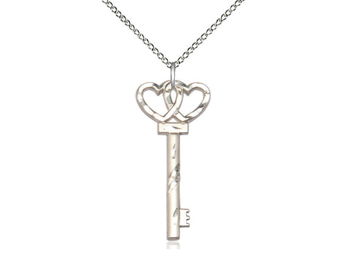 Sterling Silver Small Key with Double Heart Pendant on an 18-Inch Sterling Silver Light Curb Chain - JMJs Catholic Store, Inc