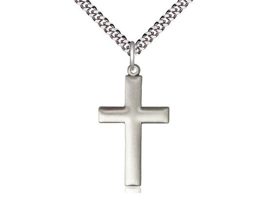 Sterling Silver Matte Finish Beveled Cross Pendant (1 1/4") on a 20" Heavy Curb Chain - JMJs Catholic Store, Inc