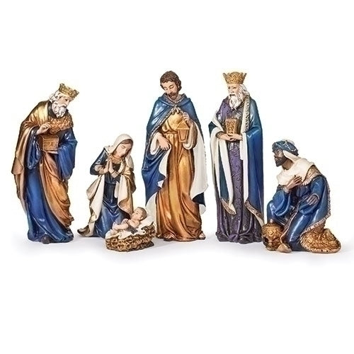 6 pc Nativity Set with Blue Robe 5.5" H - Unique Catholic Gifts