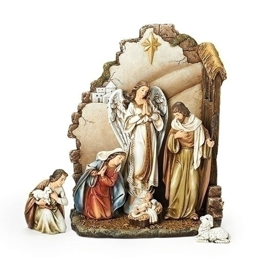 7" 7-piece Nativity set with Holy Family, angel, shepherd, sheep, and rustic back wall scene detailing Christmas celebration