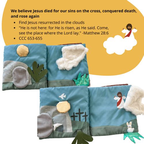 Soft fabric quiet book pages showing Jesus resurrection scene with tomb, crosses, clouds, and scripture text panel