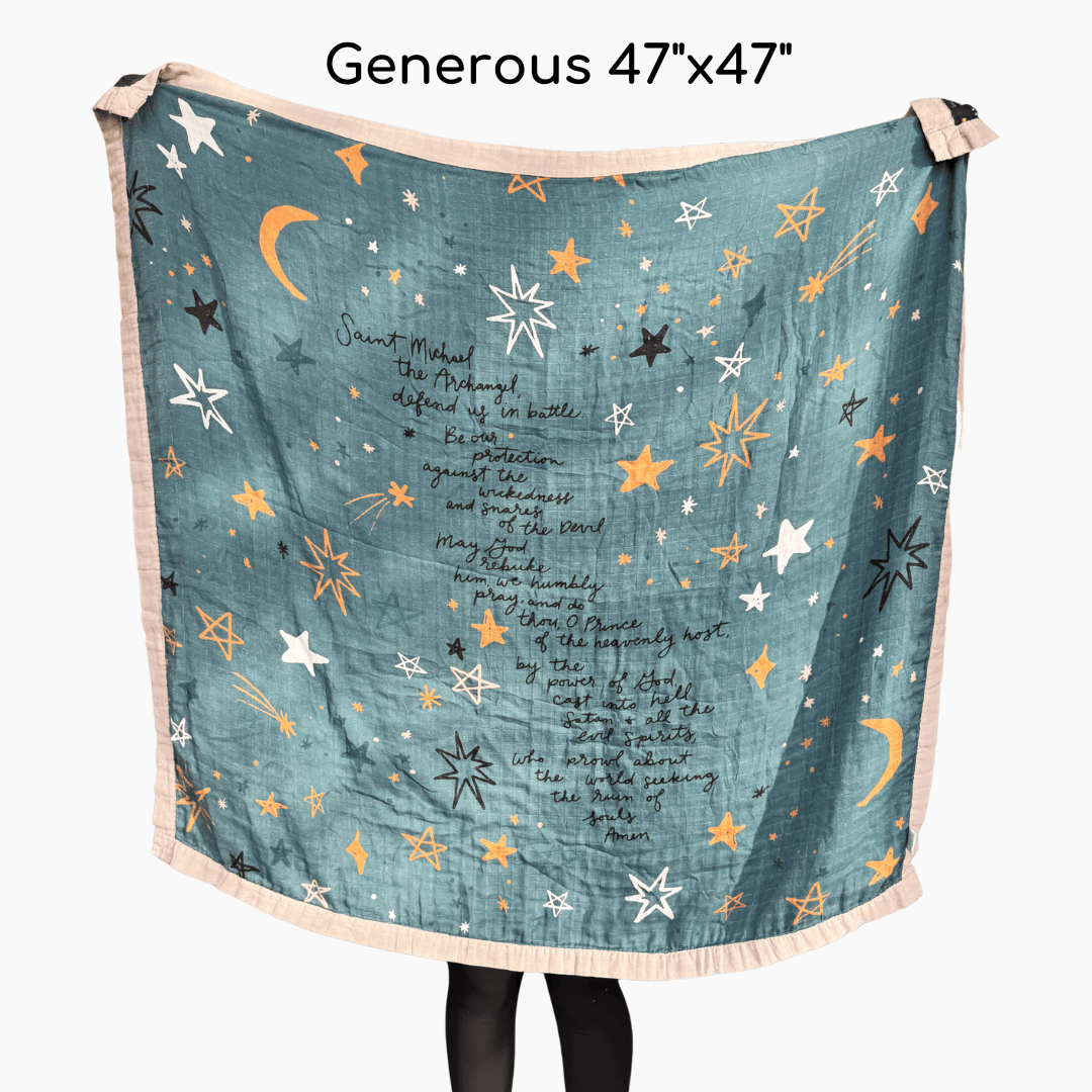 St. Michael Prayer Luxury Double Sided Muslin Catholic Blanket - JMJs Catholic Store, Inc