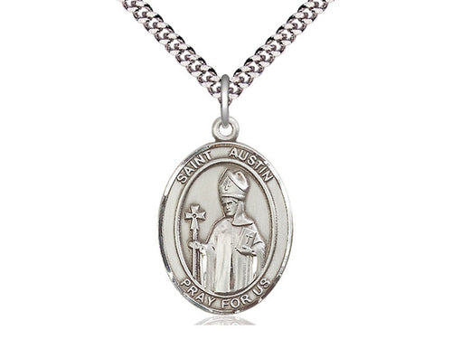 Sterling silver St. Austin pendant on 24-inch light rhodium heavy curb chain with detailed religious design