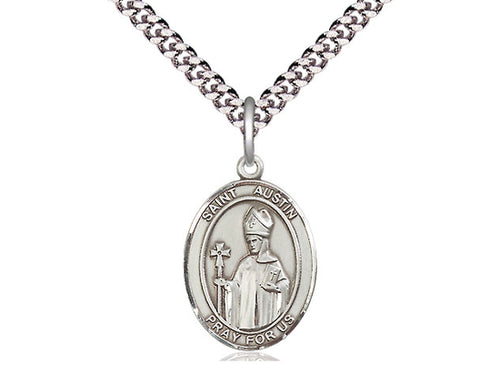 Sterling Silver St. Austin Pendant on a 24 inch Light Rhodium Heavy Curb Chain - JMJs Catholic Store, Inc