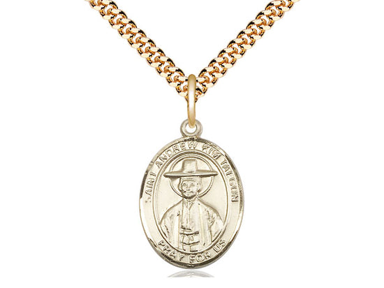 14kt Gold Filled St Andrew Kim Taegon Pendant on a 24 inch Gold Plate Heavy Curb Chain - JMJs Catholic Store, Inc