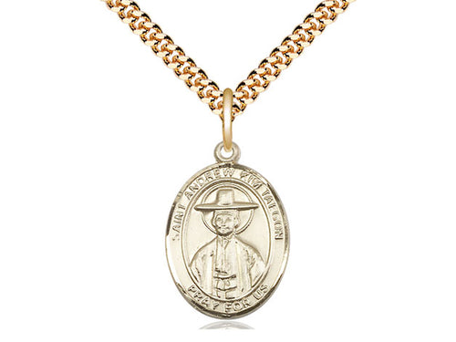 14kt Gold Filled St Andrew Kim Taegon Pendant on a 24 inch Gold Plate Heavy Curb Chain - JMJs Catholic Store, Inc