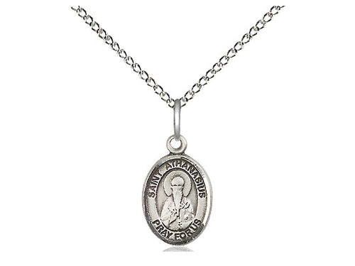 Sterling silver St. Athanasius pendant with detailed saint image and inscription, on 24-inch rhodium curb chain.