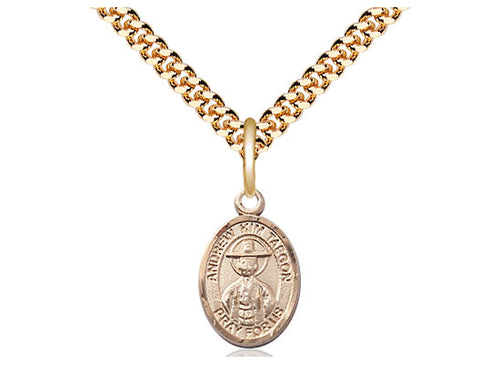 14kt Gold Filled St Andrew Kim Taegon Pendant on a 24 inch Gold Plate Heavy Curb Chain - JMJs Catholic Store, Inc