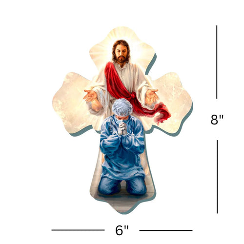 6" x 8" wood wall cross depicting Jesus blessing a praying healthcare worker in scrubs and mask