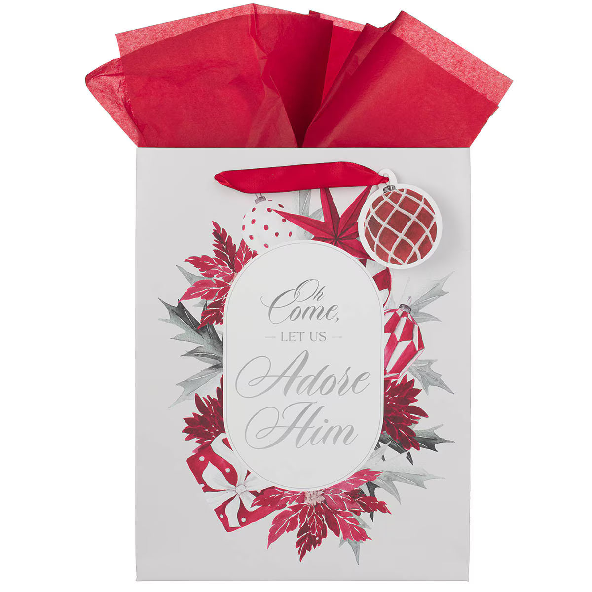 White gift bag with red poinsettias, wrapped presents, red tissue paper, and "Oh come, let us adore Him" text in script font