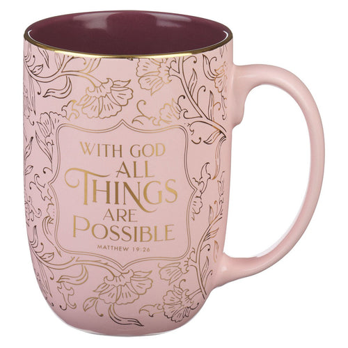 Blush ceramic coffee mug with gold floral design and Matthew 19:26 bible verse about God's power