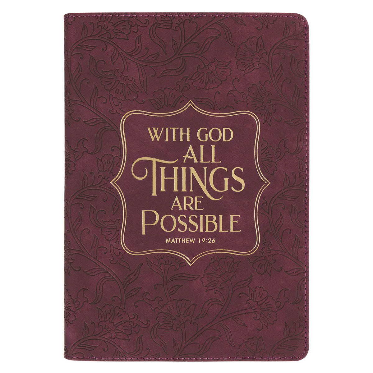 Burgundy faux leather journal with embossed floral pattern and gold foil Matthew 19:26 scripture on cover