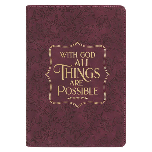 Burgundy faux leather journal with embossed floral pattern and gold foil Matthew 19:26 scripture on cover