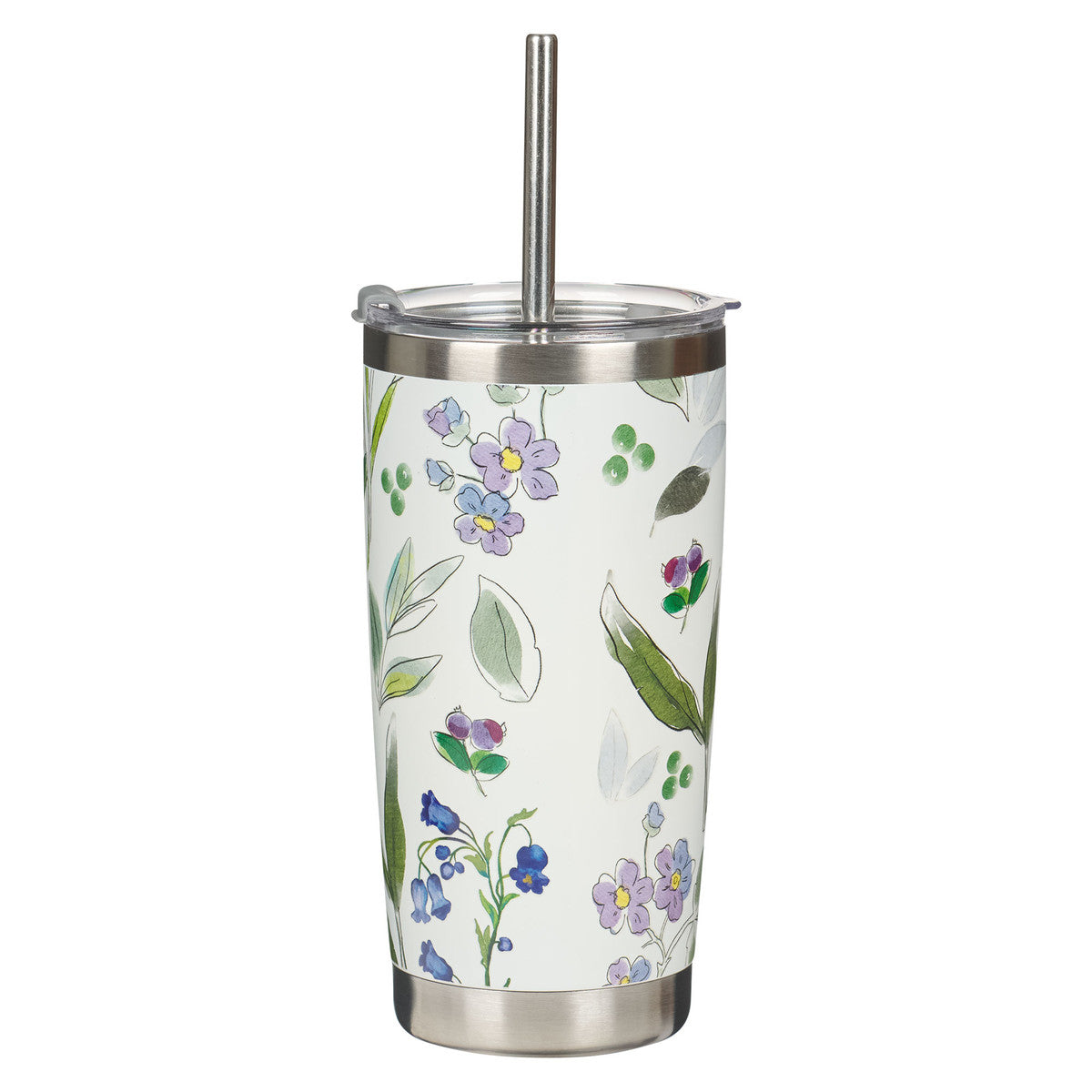 Amazing Grace Purple Floral Stainless Steel Travel Tumbler with Stainless Steel Straw 18 oz - Unique Catholic Gifts