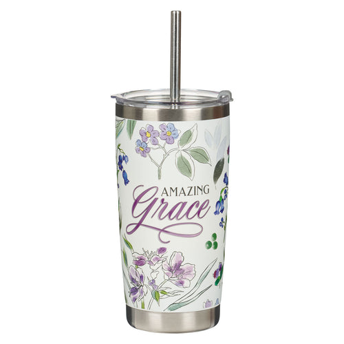 Amazing Grace Purple Floral Stainless Steel Travel Tumbler with Stainless Steel Straw 18 oz - Unique Catholic Gifts