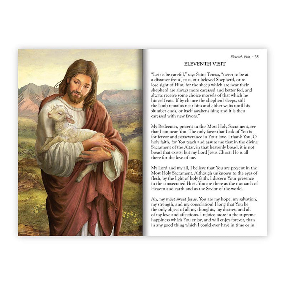 Open book showing religious text from Visits to the Blessed Sacrament and illustration of Jesus holding a lamb