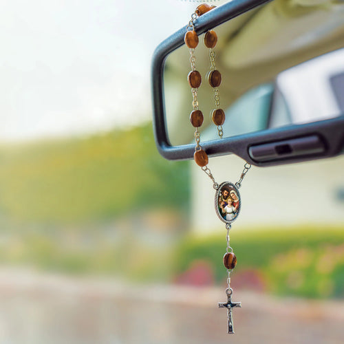 Holy Family (Dark) Holy Land Olive Wood Auto Rosary - JMJs Catholic Store, Inc
