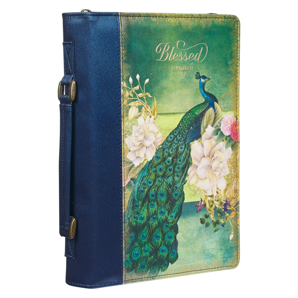 Large peacock blue faux leather Bible cover with floral design, gold Blessed script, and sturdy side handle strap