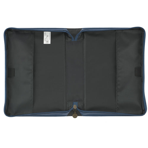 Open large Blessed Peacock Blue faux leather Bible cover showing black interior with zipper and pen holder loop