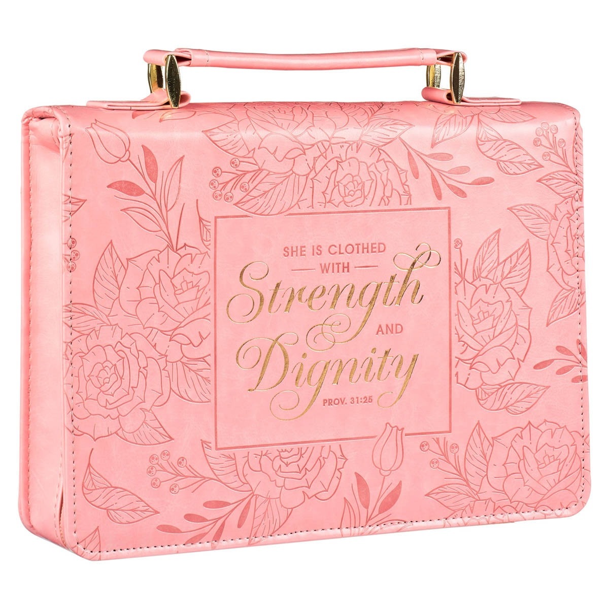 Large rose pink faux leather Bible cover with embossed floral design and gold foil "Strength and Dignity" scripture text