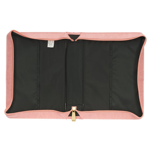 Open rose pink faux leather Bible cover with black interior lining and gold-tone zipper closure