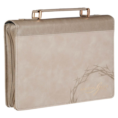 Amazing Grace Taupe Crown of Thorns Faux Leather Fashion Bible Cover - Isaiah 53:5 Large - JMJs Catholic Store, Inc