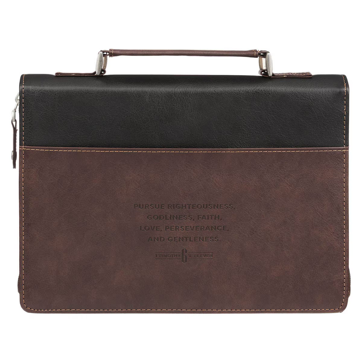 Pursue Righteousness Black and Walnut Brown Faux Leather Classic Bible Cover - 1 Timothy 6:11 Extra Large - JMJs Catholic Store, Inc