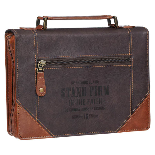 Stand Firm Espresso and Honey-brown Faux Leather Classic Bible Cover - 1 Corinthians 16:13 Medium - JMJs Catholic Store, Inc