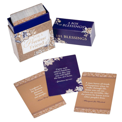 101 Blessings for a Precious Friend box with navy lid and inspirational blessing cards in tan and blue designs