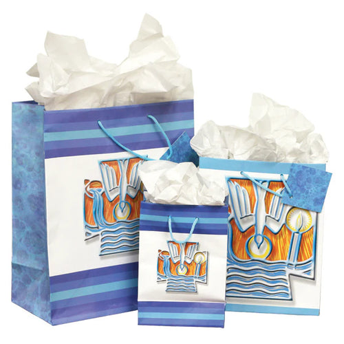 Small Holy Spirit Baptism gift bag with blue and purple stripes, dove and flame artwork, and gift tag included