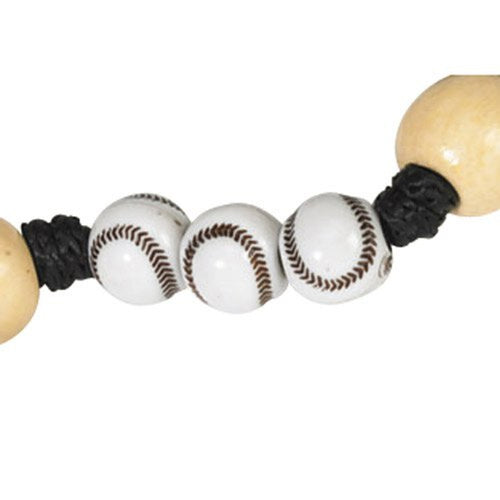 Close-up of baseball-themed beads on a Sports Rosary, featuring white beads with brown baseball stitching pattern