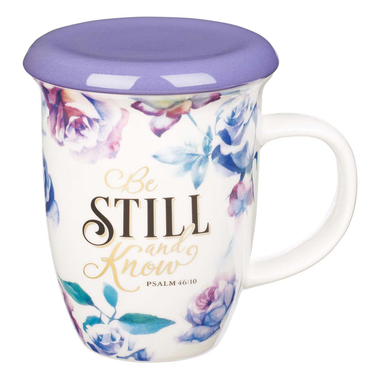 Be Still and Know Lidded Ceramic Mug in Purple - Psalm 46:10 - JMJs Catholic Store, Inc