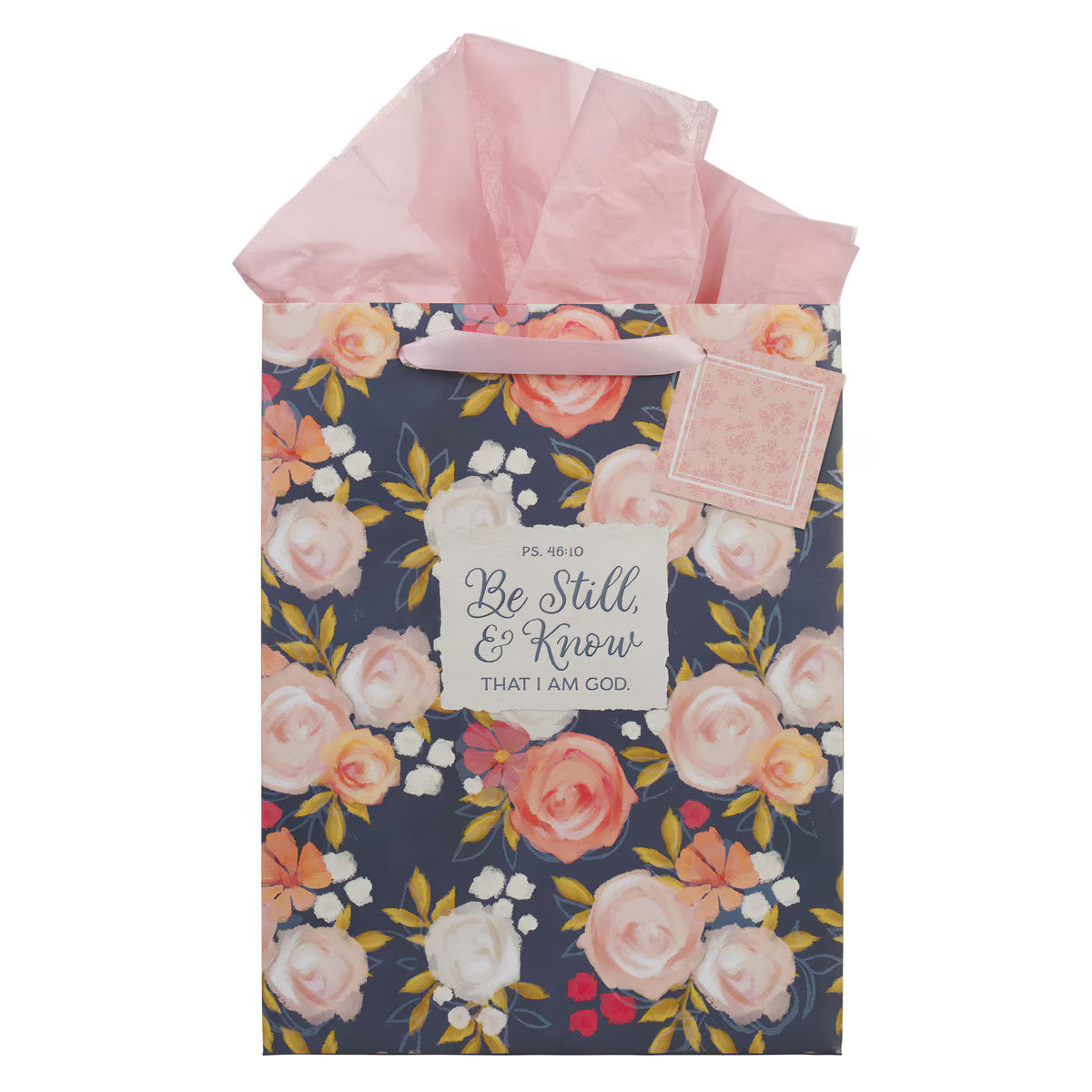 Large portrait gift bag with pink painted peonies and Psalm 46:10 "Be Still & Know That I Am God" verse design