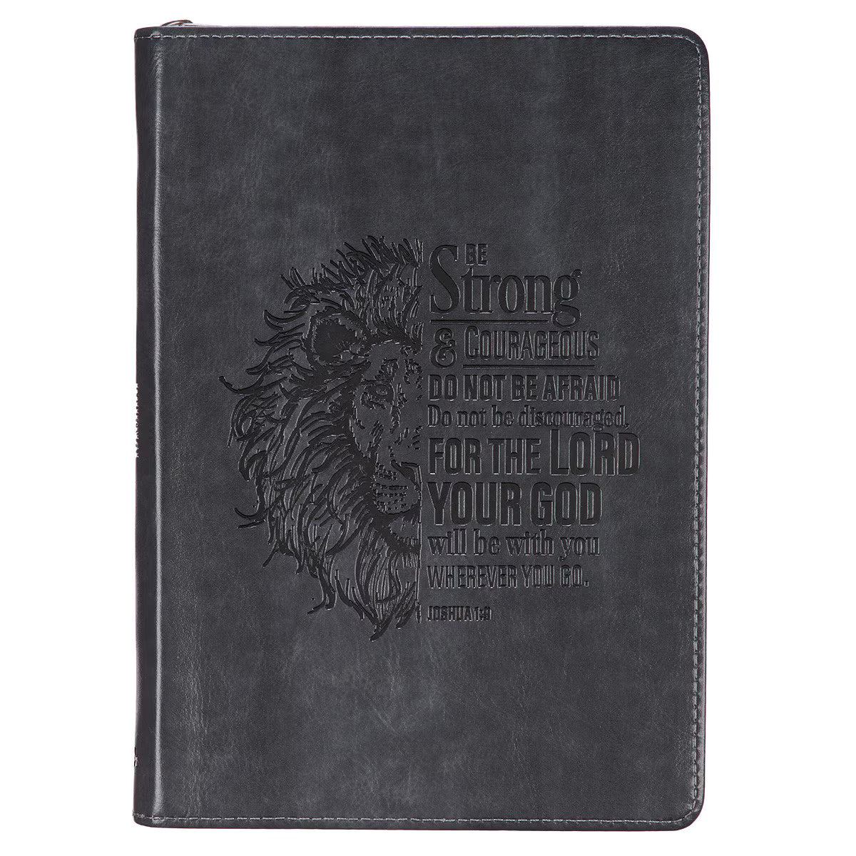 Be Strong and Courageous Classic Gray Faux Leather Journal with Zipper Closure - Joshua 1:9 - JMJs Catholic Store, Inc