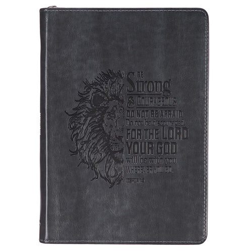 Be Strong and Courageous Classic Gray Faux Leather Journal with Zipper Closure - Joshua 1:9 - JMJs Catholic Store, Inc