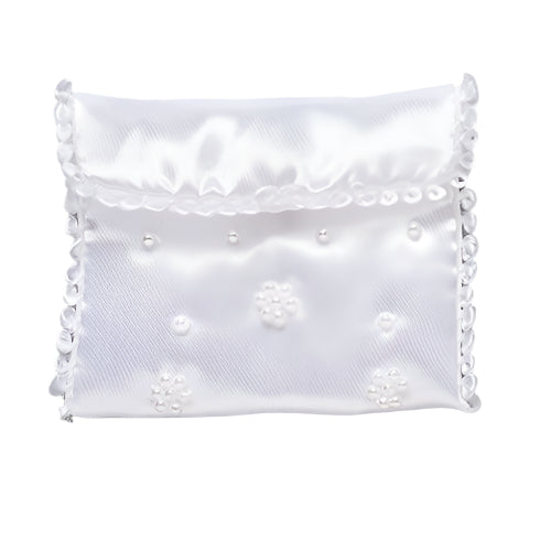 White beaded communion rosary bag with delicate beadwork and satin finish, perfect for First Holy Communion gift