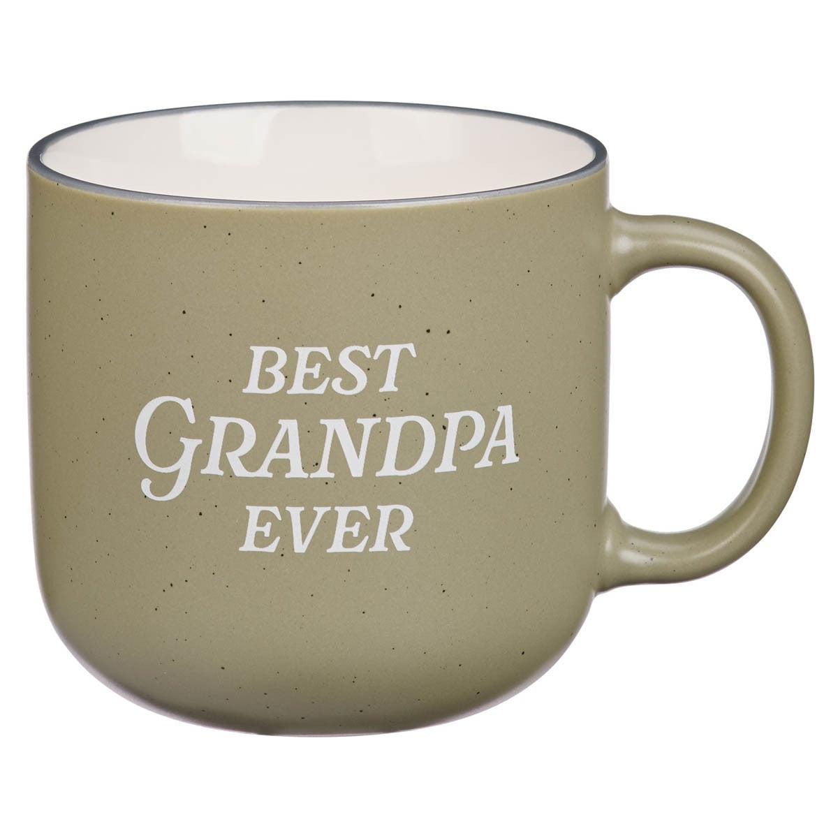 Khaki ceramic coffee mug with "Best Grandpa Ever" white text, large handle, and speckled finish design