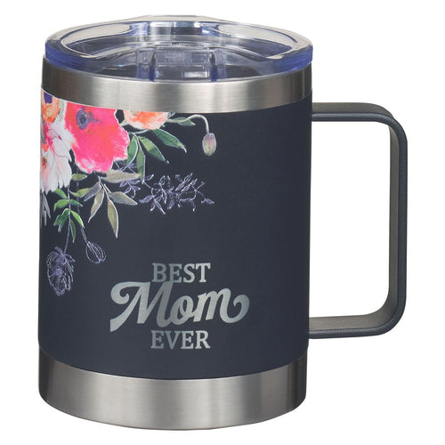 Navy stainless steel travel tumbler with floral design and "Best Mom Ever" text in camp style with clear lid and handle