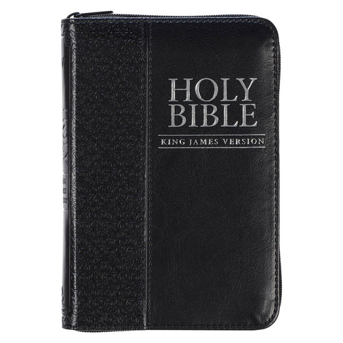 Black faux leather King James Version pocket Bible with zippered closure and embossed decorative spine panel