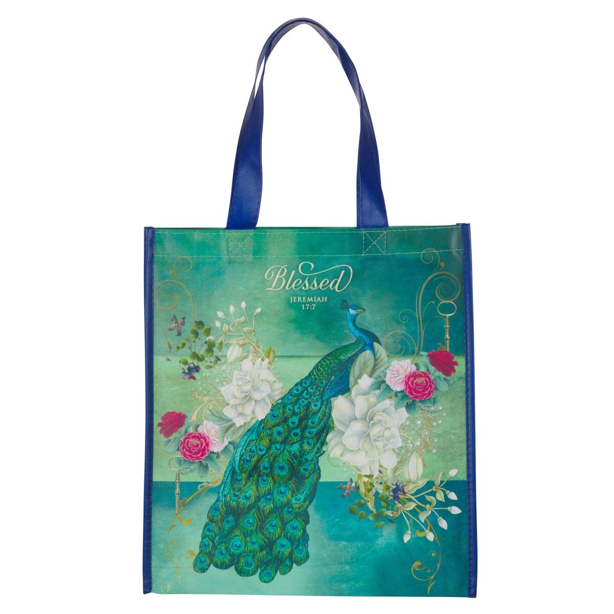 Blessed Blue Peacock Non-Woven Coated Tote Bag - Jeremiah 17:7 - JMJs Catholic Store, Inc