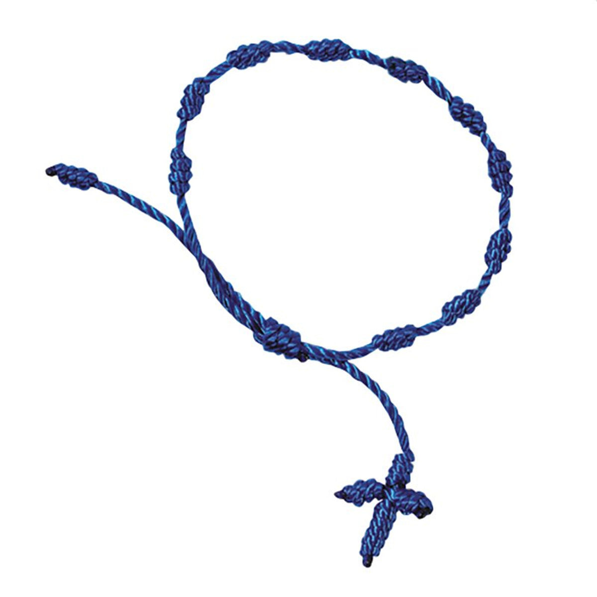 Blue knotted cord rosary bracelet with knotted beads and small cross, designed for daily prayer and easy wear.