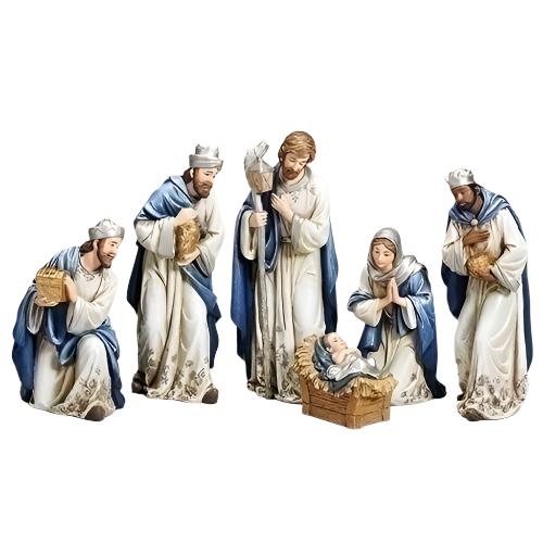 Six-piece nativity set featuring blue, silver, and ivory robes with intricate detailing, 8.25 inches tall.
