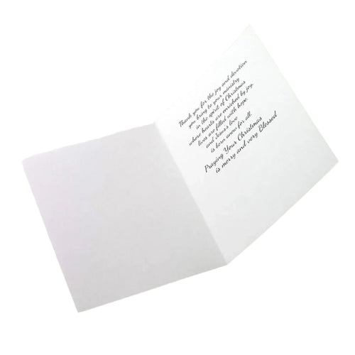 Open "Thanks for Service to Church" card showing inside message appreciating ministry and Christmas devotion