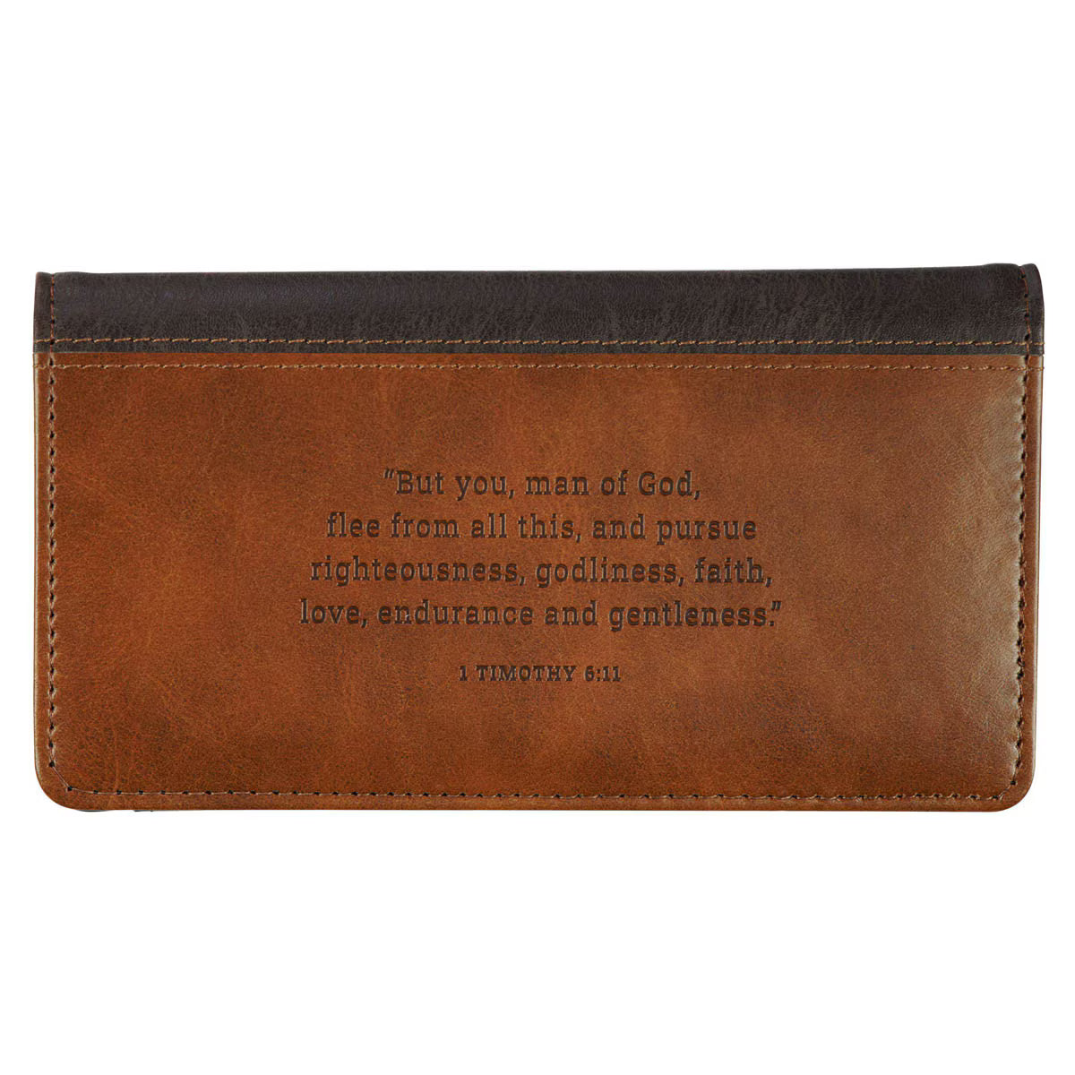 Man of God Honey-brown and Espresso Faux Leather Checkbook Wallet - 1 Timothy 6:11 - JMJs Catholic Store, Inc