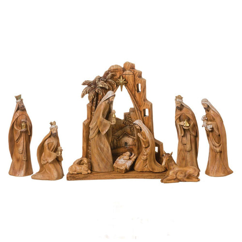 Carved Nativity with Scene Backdrop Faux Wood Grain 12" 10 Piece - JMJs Catholic Store, Inc