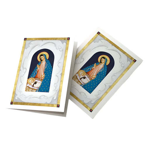 Roses in December Icon Greeting Card featuring the Virgin Mary and baby Jesus with gold and blue detailing, 4 3/8" x 5 15/16