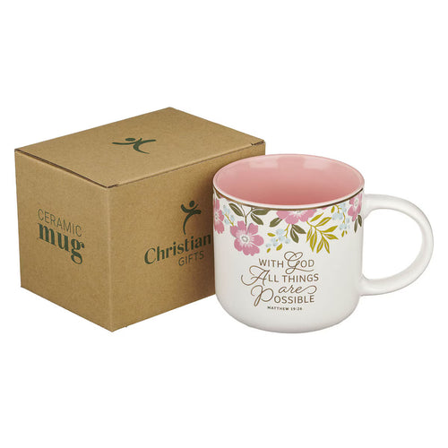 With God Things Are Possible Pink Poppy Ceramic Coffee Mug - Matthew 19:26 - JMJs Catholic Store, Inc
