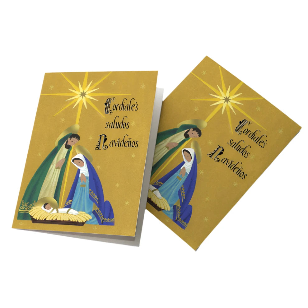 Christmas card with nativity scene and golden star, featuring "Cordiales saludos Navideños" greeting in elegant script.