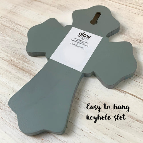 6" x 8" wood wall cross in gray with keyhole slot for easy hanging, handcrafted by Dona Gelsinger
