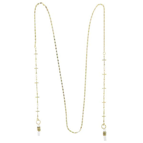 Gold Cross Link Eyeglass Holder Chain with 32-inch length, featuring delicate cross accents and sturdy eyeglass connectors
